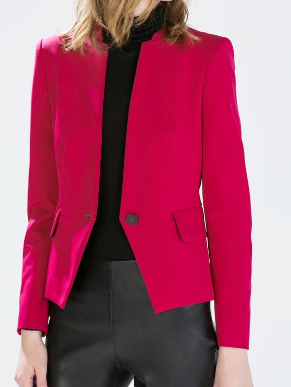 Zara Basic Fuschia Raspberry-Red Single-Button Collarless Blazer